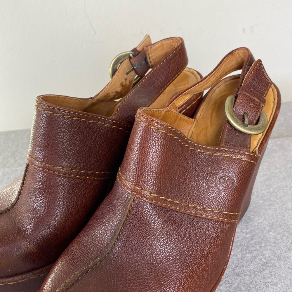 Born Brown Leather Clog Wedge Heels Mules Size 8 -100% leather - Picture 2 of 6